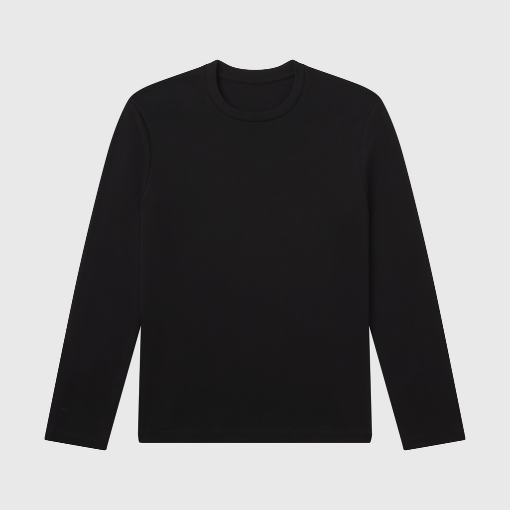 Precision Long Sleeve Tee in black organic cotton, wrinkle-resistant design.
